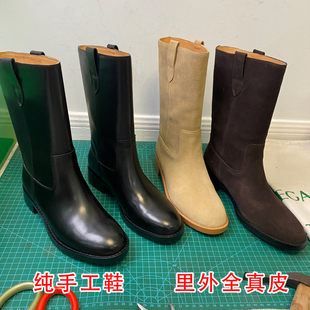手工真皮ANN中筒骑士靴女直筒靴显瘦低粗跟中筒靴百搭西部靴马靴