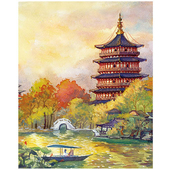 中国城市手绘明信片卡北京上海南京苏州青岛广州三亚台湾重庆成都