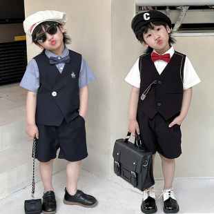 儿童西装套装夏季休闲花童男童礼服马甲帅气英伦风主持人演出服