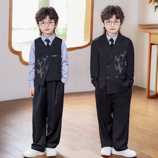 男童新中式西装礼服秋季新款国风刺绣马甲套装儿童钢琴主持演出服