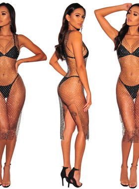 Fashion Sexy Women's dress grid flash drill sexy beach dress