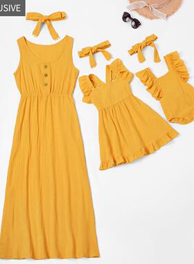 Color falbala adult girl baby clothes mother-daughter