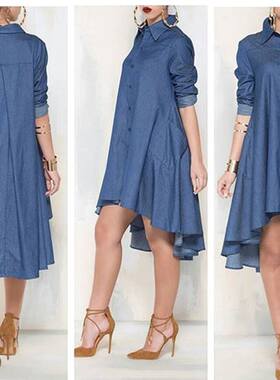 poet denim shirt plus-size women's irregular dress裙
