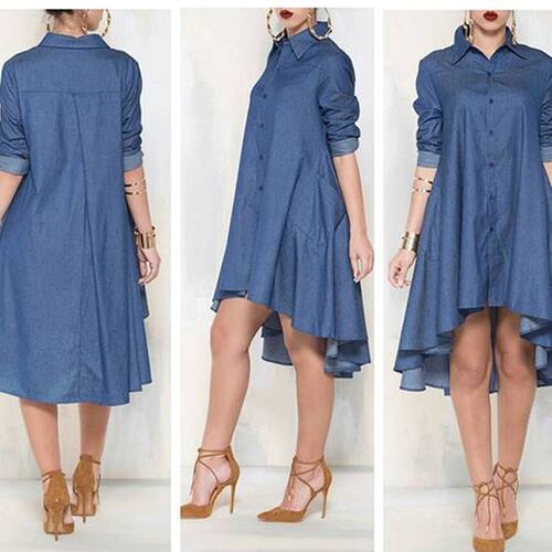 poet denim shirt plus-size women's irregular dress裙