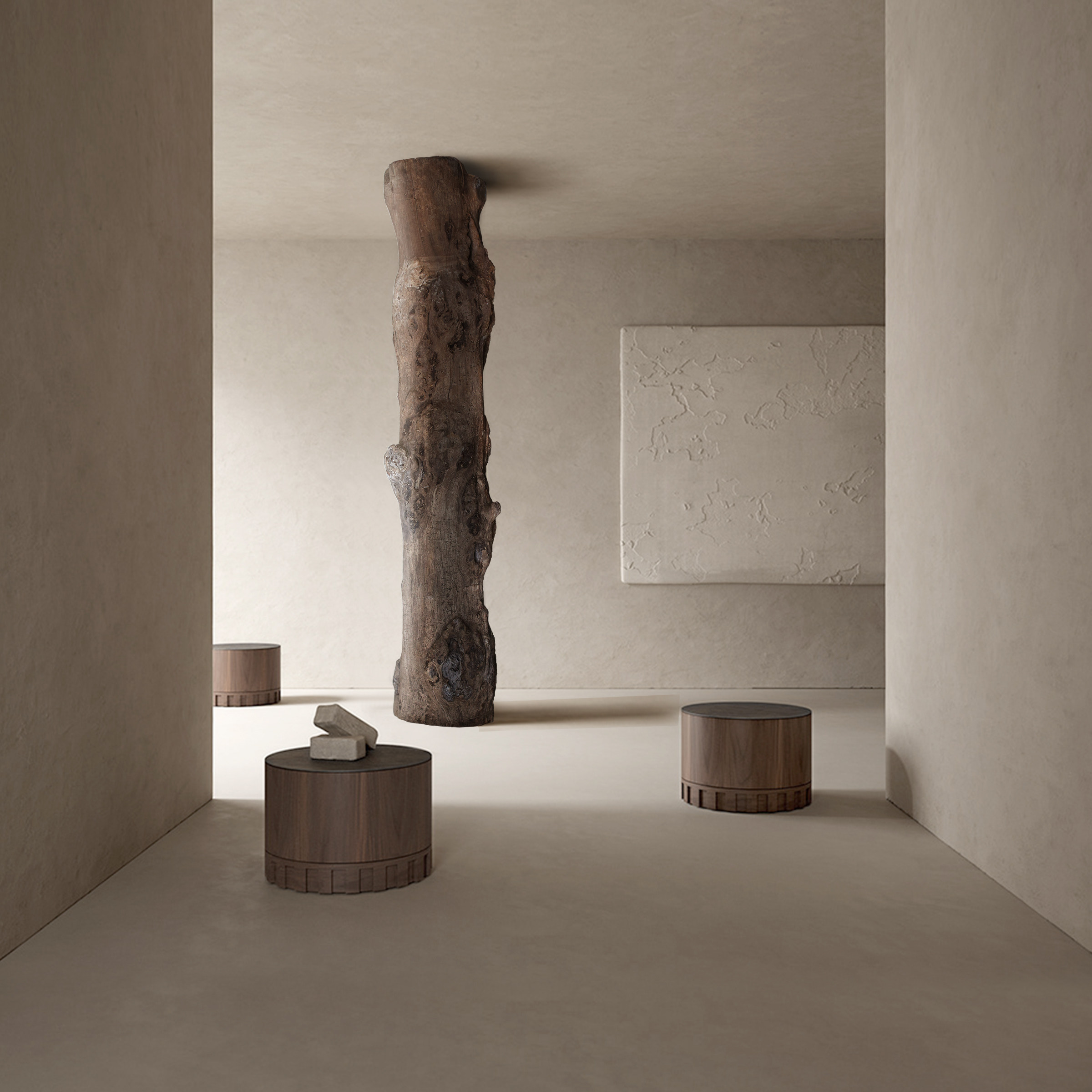 朴室 侘寂风柚木树瘤原木柱子设计师民宿酒店大堂别墅风水柱