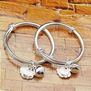 婴儿铃铛镀银手镯宝宝手环可调节光面开口手镯满周岁生日礼物