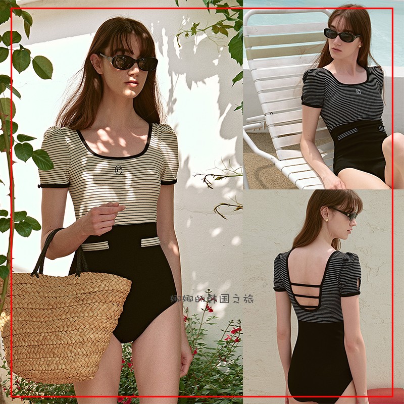 ROLAROLA韩国正品代购23夏女圆领条纹露背高腰线短袖沙滩连体泳衣