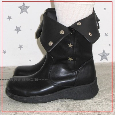 韩国代购foggy moody星星纽扣中筒靴子可翻折 黑色简约4cm