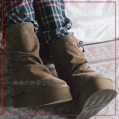 韩国代购rockfish 外翻中筒雪地靴 厚底5cm 侧面串珠装饰时尚靴子