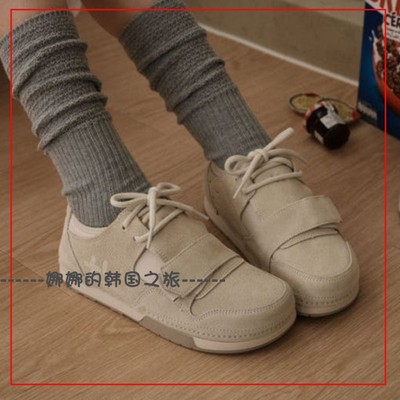 韩国代购otz 丑萌鞋可爱拼接新款淡奶茶色方头鞋板鞋 FLOTEA0U39