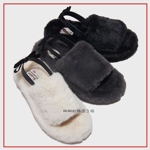 韩国正品代购Rockfish毛毛拖鞋可爱毛毛拖鞋蝴蝶结时尚室内户外穿