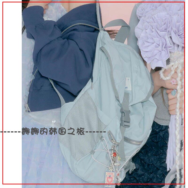 韩国代购rockfish联名款illit蓝色双肩包轻便 少女可爱拉链休闲包