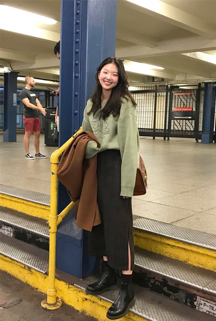 玲 正品代购906studio休闲修身格纹18秋冬潮开叉半身长裙女chic