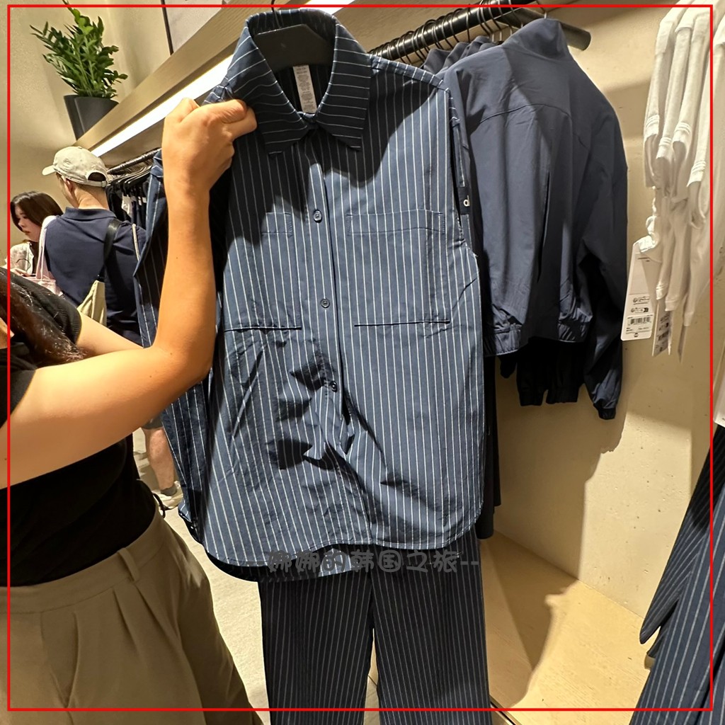 韩国代购ALO Pinstripe Daylight女士休闲长袖条纹衬衫长裤套装图片