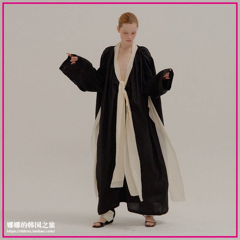 EENK韩国正品代购设计师品牌低领拼色休闲蝴蝶结绑带连衣裙夏款女