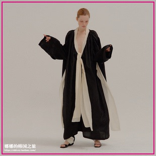 EENK韩国正品代购设计师品牌低领拼色休闲蝴蝶结绑带连衣裙夏款女