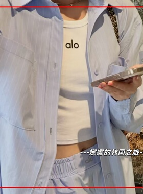 韩国代购ALO  Daylight Button Down条纹衬衫 短裤时尚休闲套装