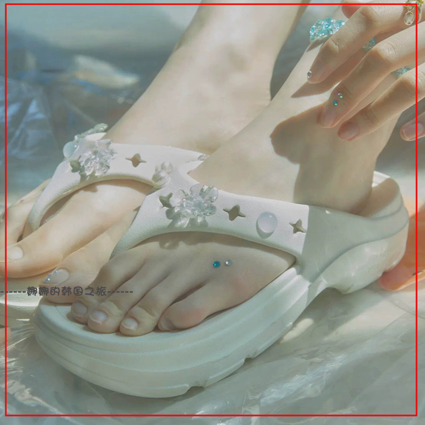 韩国代购rockfish厚底人字拖夹脚拖 可爱花朵星星鞋花增高5cm