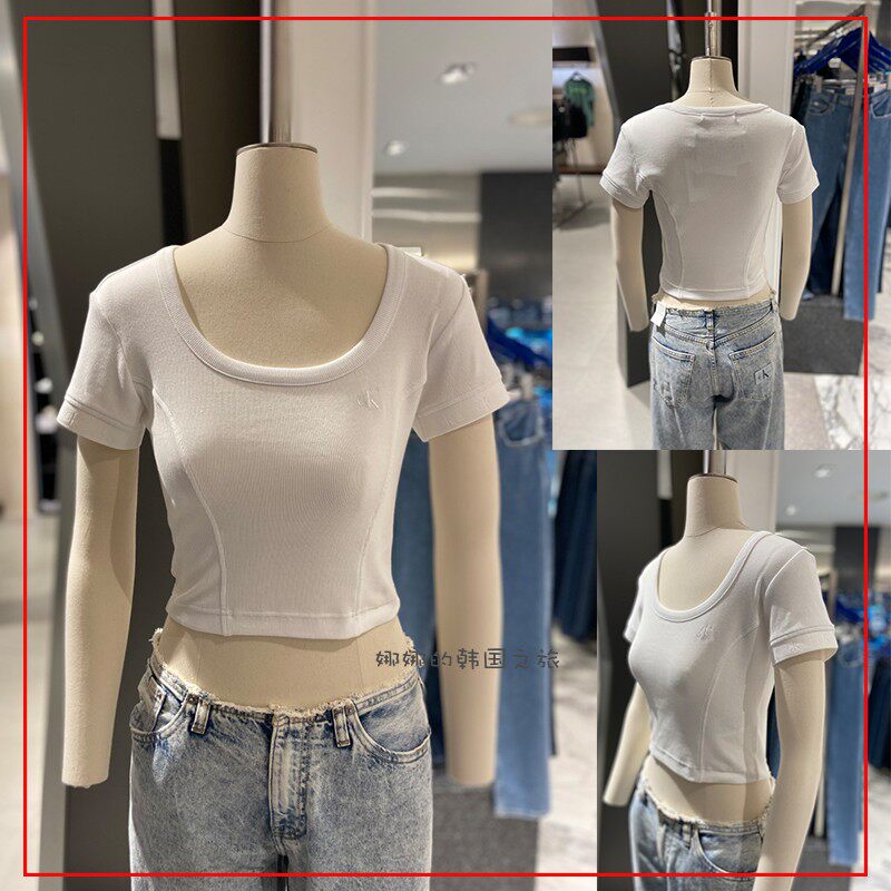 韩国直邮CK Jeans凯文克莱 23夏女U领修身休闲短款短袖T恤J221677