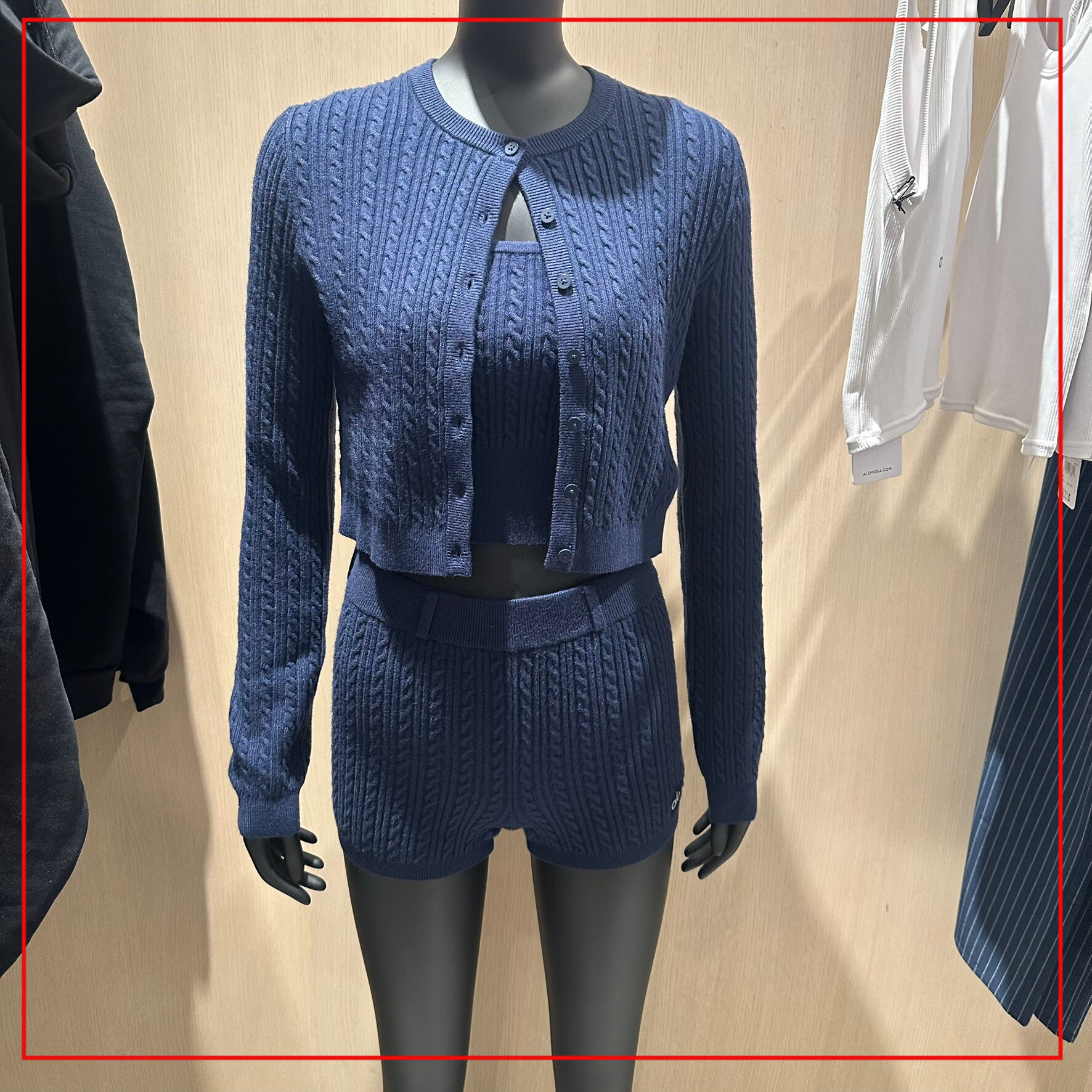 韩国代购ALO Mini Cable Sweater女士针织长袖开衫吊带短裤套装