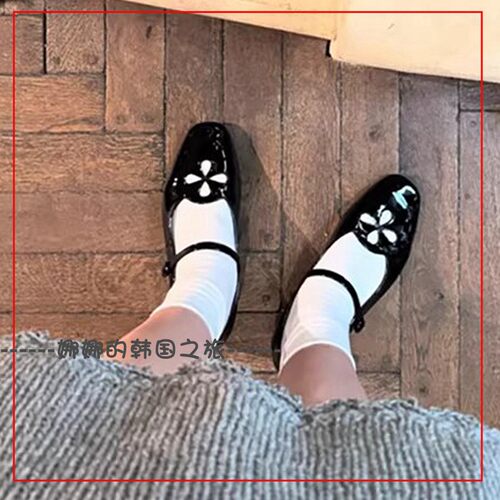 韩国代购freckle黑色玛丽珍小皮鞋 花朵镂空设计可爱复古甜美单鞋
