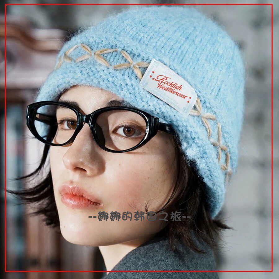 韩国代购rockfish 秋冬针织帽 保暖毛线帽 花朵针线装饰时尚百搭