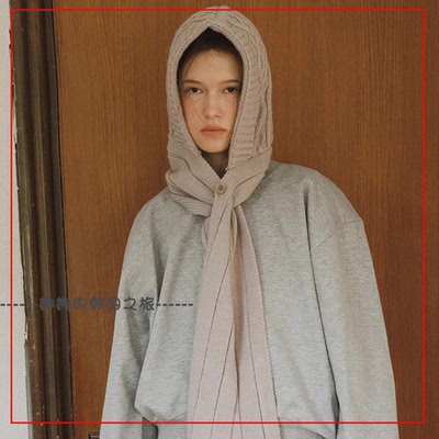 韩国代购rockfish 纯色针织帽子围巾一体 菱形图案暖和时尚