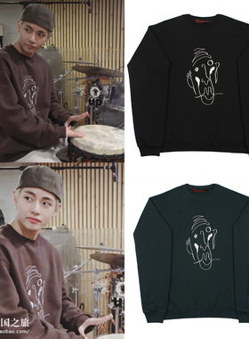 BTS金泰亨同款COMPAGNO韩国小众设计师人像刺绣圆领宽松卫衣男女