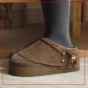 韩国代购rockfish 一脚蹬雪地靴穆勒鞋 串珠装饰可拆 半拖厚底5cm