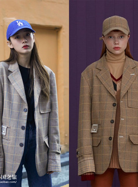 防弹少年团同款UNALLOYED韩国正品代购男女款羊毛格纹西装外套