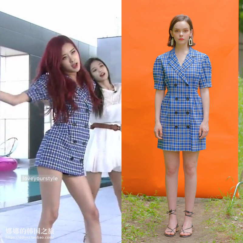 BLACKPINK朴彩英同款clet韩国代购正品格子格纹双排扣连短袖衣裙