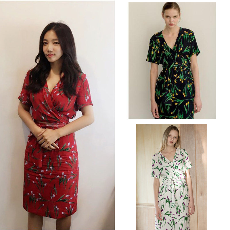 李彩英同款Another A韩国正品代购直邮17夏花纹V领收腰连衣裙