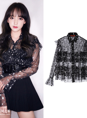 韩国Lang&Lu正品代购程潇同款性感透视黑色星空仙女衬衫上衣女春
