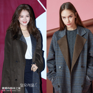 韩国正品代购金栽经同款 正反两穿 HANDMADE格纹宽松羊毛男女大衣