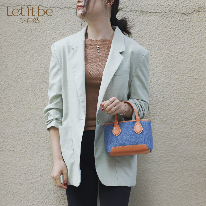 手提复古水洗丹宁牛仔包女浅蓝色做旧防水帆布迷你斜挎托特小包包