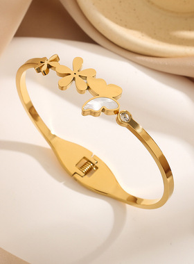 韩式简约时尚蝴蝶花朵钛钢手镯女 不锈钢白贝拼接五叶花手环