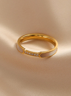 日系轻奢百搭微镶指环玫瑰金白贝母钛钢戒指女小众设计不掉色