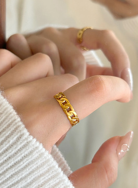 欧美跨境简约设计戒指女链条开口可调节简约食指指环钛钢不掉色