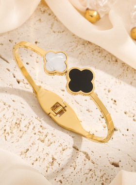 韩版黑白贝四叶草钛钢女手镯