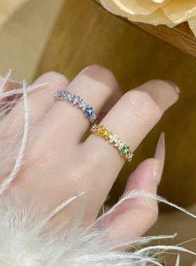 法式轻奢感莫奈花园戒指女开口小众时尚轻奢多巴胺彩色锆石