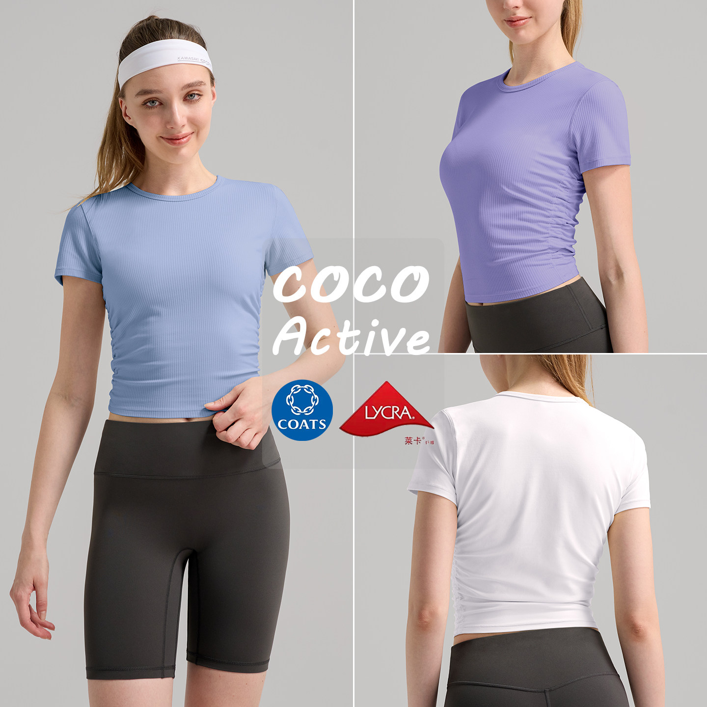 休闲运动瑜伽短袖女高弹速干小蛮腰修身褶皱收腰罗纹短款上衣T恤