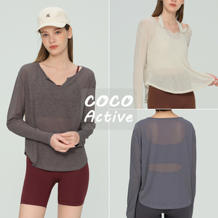 COCO Active轻薄瑜伽服女罩衫竹节纱透气速干V领上衣健身训练长袖