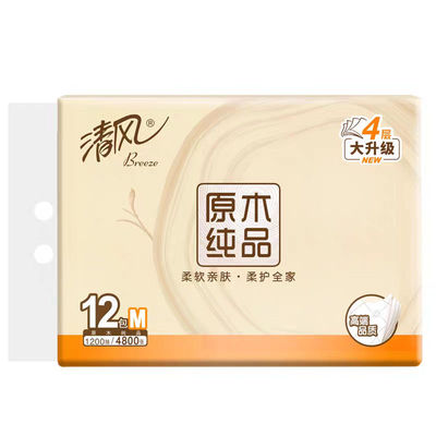 清风抽纸原木纯品M码12包400张4层加厚面巾纸家用餐巾纸实惠装