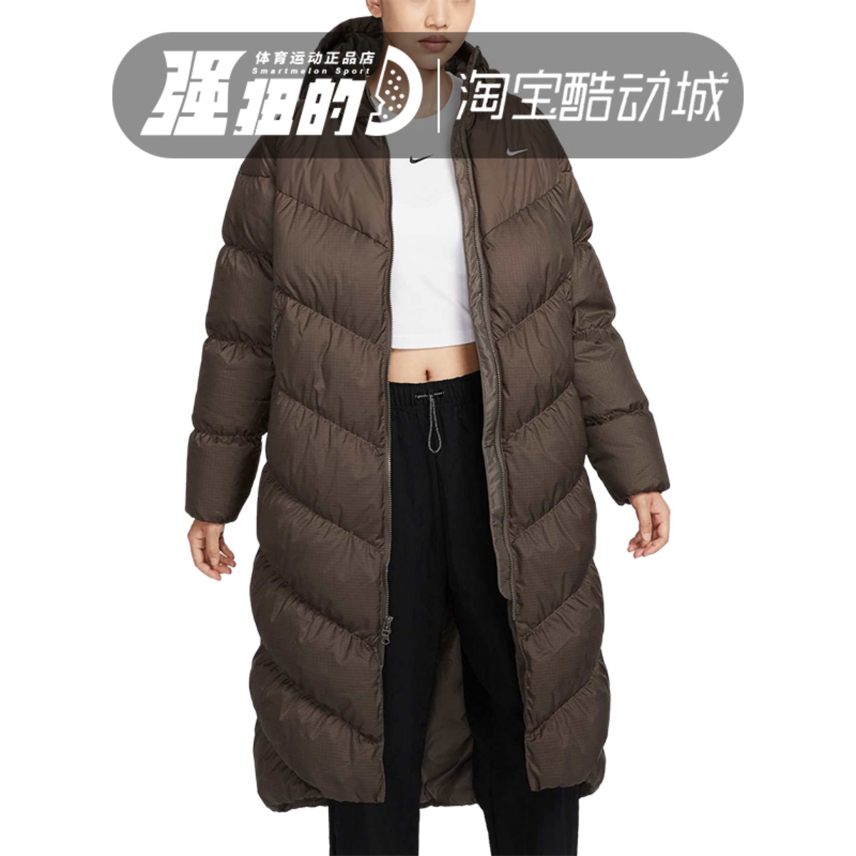 Nike/耐克 女子防泼水运动休闲保暖长款连帽羽绒服 HF7894-004