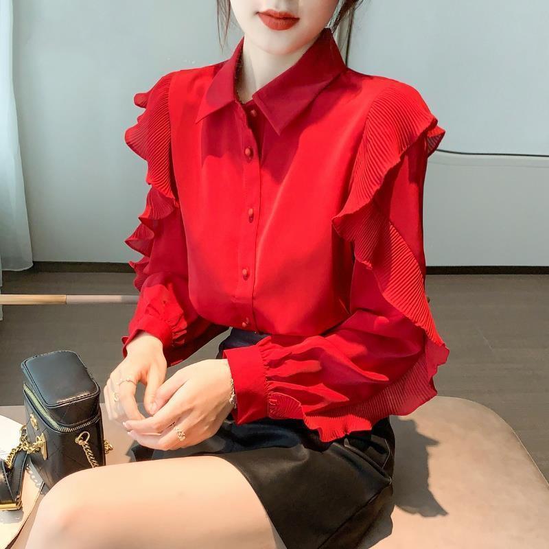 本命年红色春装雪纺衬衫女装2026年新款欧货上衣洋气时尚个性欧货