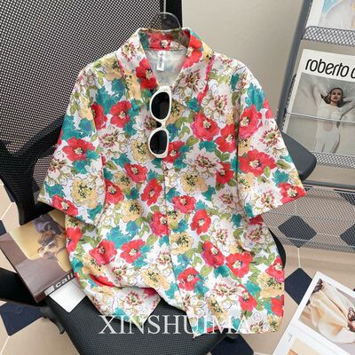 复古港味碎花印花短袖衬衫女夏季小众设计感时尚个性宽松显瘦衬衣