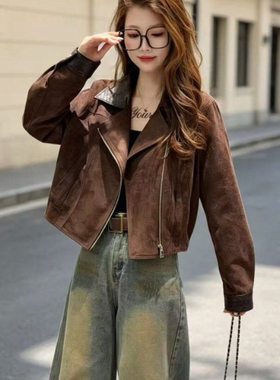 翻领拼接麂皮绒外套女短款2026秋新款时尚洋气减龄显瘦机车服夹克