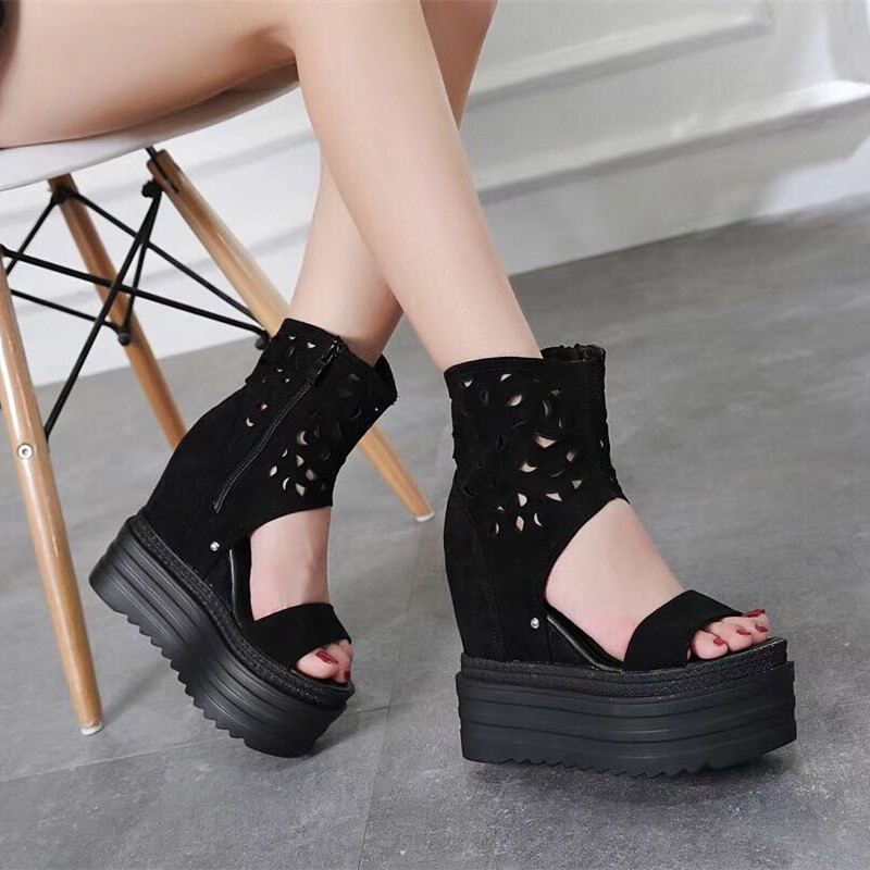 2024 WOMENS SUMMER NEW EUROPEAN AND AMERICAN HOLLOW ROUND TOE BOOTS WOMENS SIDE ZIPPER BLOCK HEEL SUPER HIGH HEEL WEDGE HEEL 13CM MESH BOOTS WOMEN