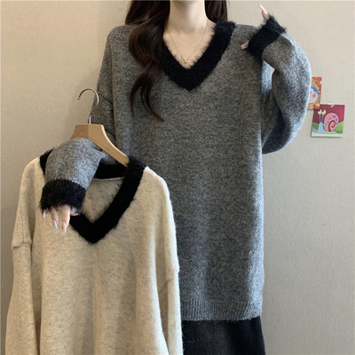慵懒风灰色V领正肩针织衫毛衣女2025冬大码胖mm马海毛中长款上衣