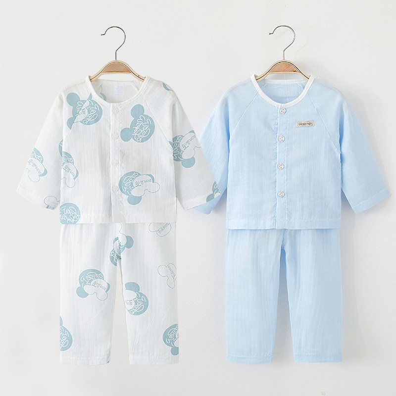 纱布套装宝宝长袖长裤空调服超薄款透气夏天纯棉婴儿夏装儿童睡衣